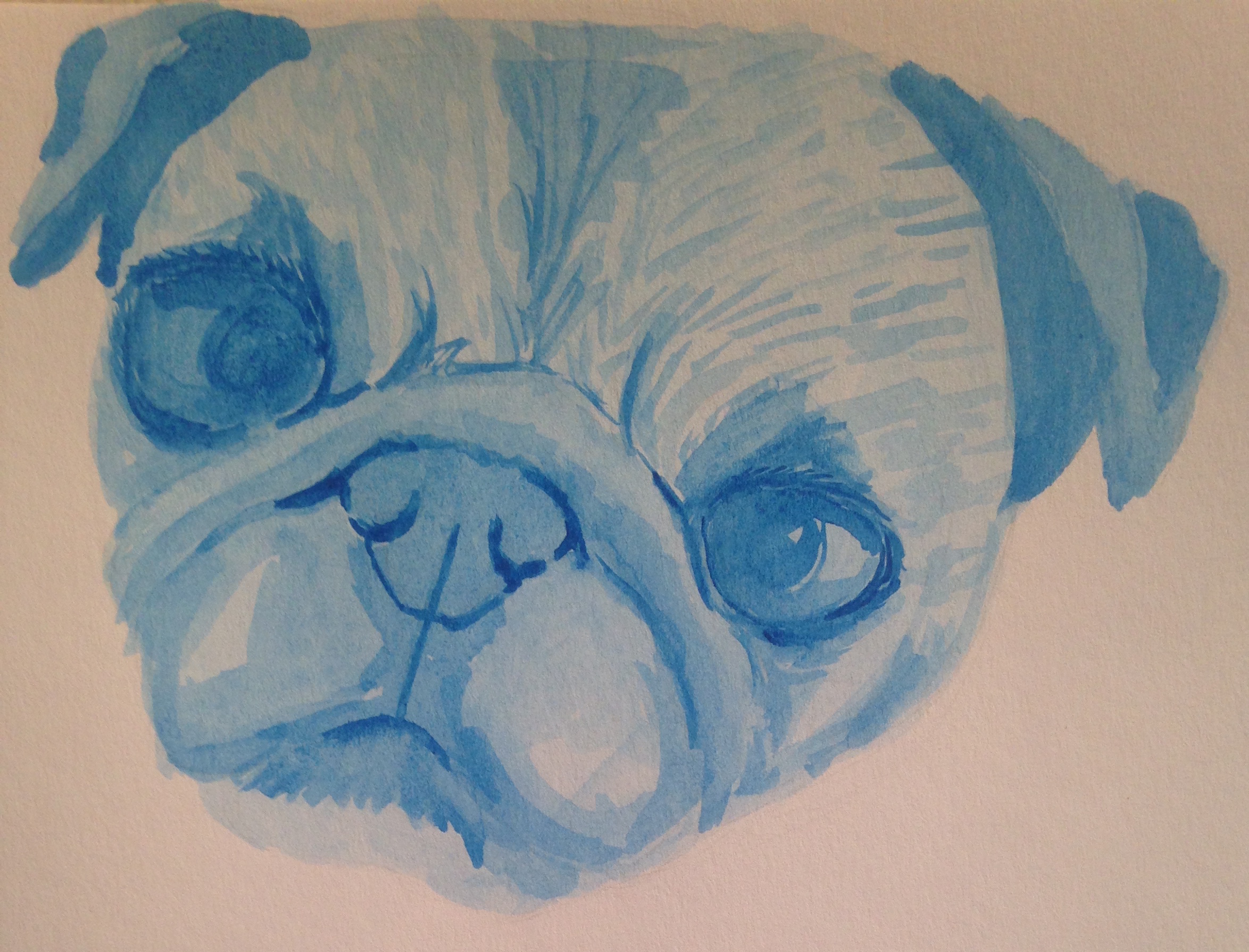 pug in blue watercolor